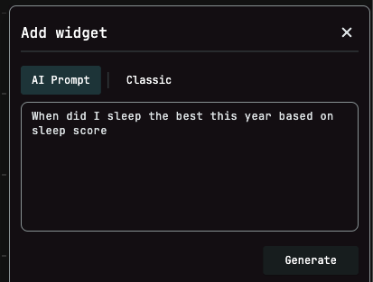 Athilio Add widget dialog with the AI Prompt tab, asking when did I sleep the best this year based on sleep score