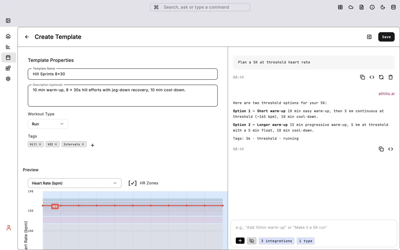 Training session template creation example